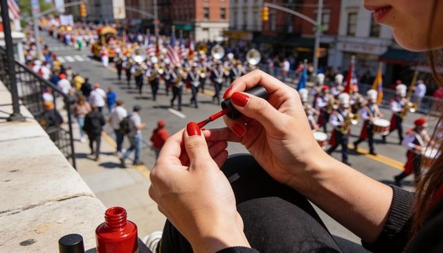 Close-up red manicure being painted on ledge while watching marching band parade