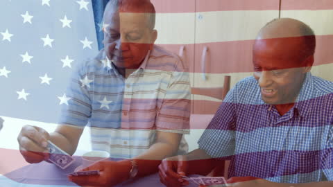 Senior Men Playing Cards with USA Flag Overlay Symbolizing Diversity