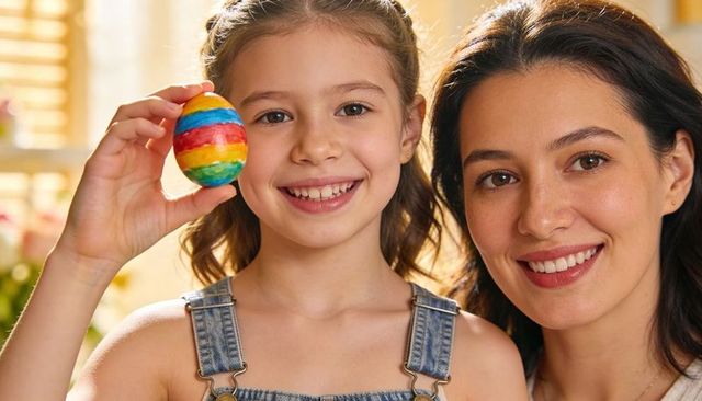 Smiling mother and daughter holding rainbow easter egg painting crafts in sunlit kitchen
