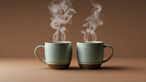 Steaming cerulean ceramic mugs on brown background