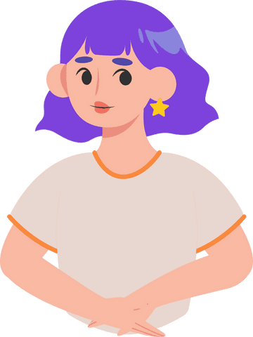 Flat illustration of young woman with purple hair and star earring on transparent background