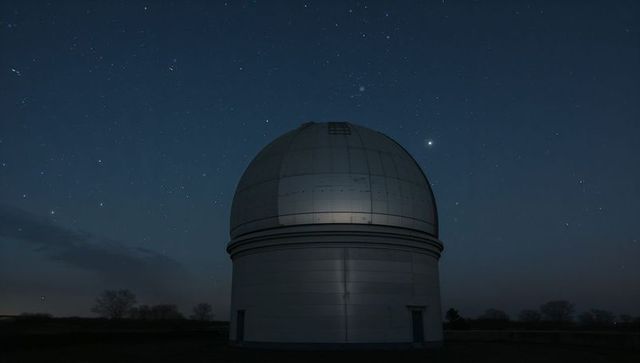 Observatory dome reflecting soft nightlight, rural telescope silhouette under starry sky