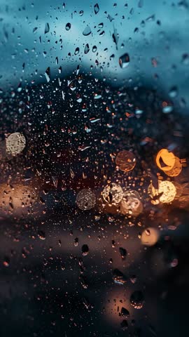 Raindrops Forming on Glass Pane at Dusk, City Lights Blurring into Warm Bokeh Vertical Video