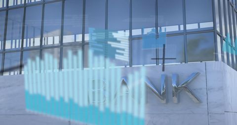 Financial Graphs Overlaying Modern Bank Building Exterior - Download Free Stock Images Pikwizard.com