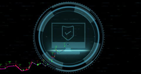 Digital Security Animation with Holographic Shield and Graphs