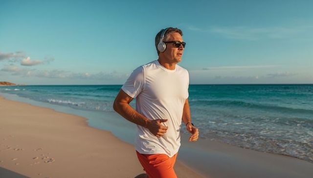 Man Running on Beach Wearing Headphones Under Sunny Sky