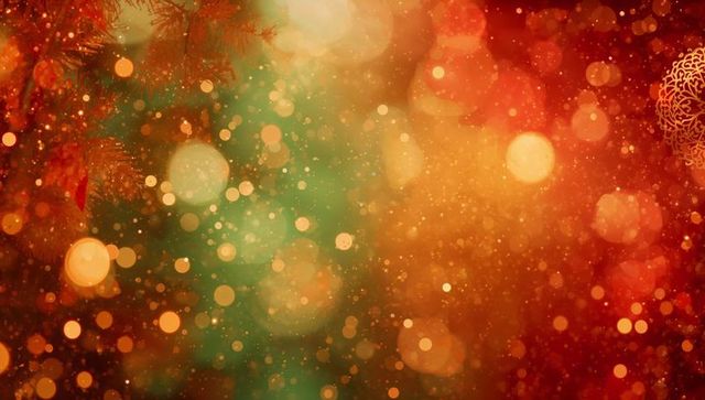 Warm holiday bokeh lights with gold filigree ornament, evergreen haze and sparkle