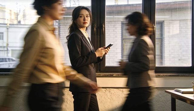 Businesswoman checking phone by office window while colleagues passing with coffee