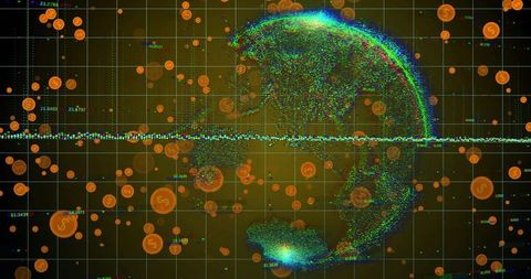 Digital globe interface with financial data and orange tokens