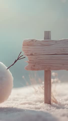 Vertical Winter Video of Snowman Hopping Away Past Rustic Wooden Signpost with Copy Space