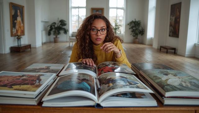 Woman browsing large art books in sunlit gallery wearing mustard sweater and glasses