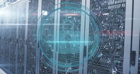 Futuristic server room with digital data lock concept