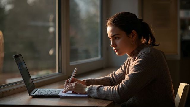 Focused woman writing by window with laptop and notebook on sunlit wooden desk