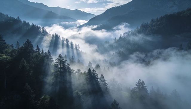 Sunbeams piercing misty mountain valley casting light across fog-filled pine forest aerial