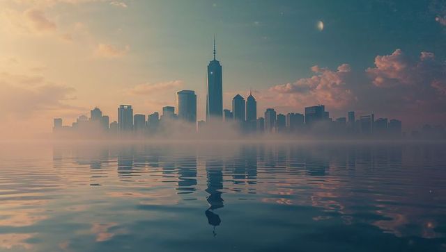 Urban skyline reflected in misty pinkish horizon