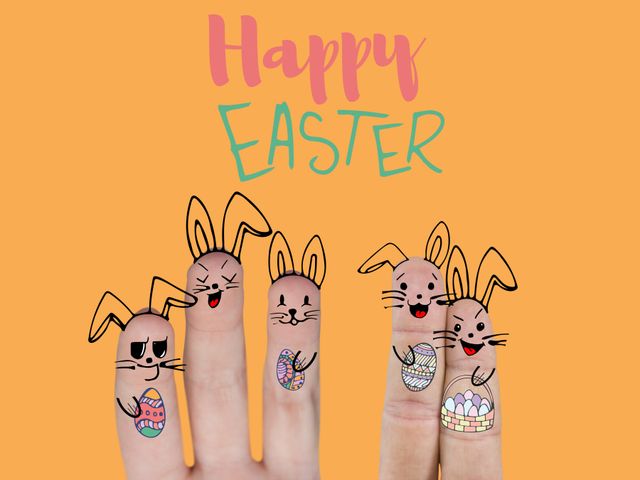 Happy Easter Finger Art Bunnies Celebrating Holiday - Download Free Stock Templates Pikwizard.com