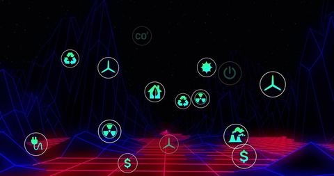 Cyberpunk neon grid with floating eco energy icons and futuristic sustainability holograms