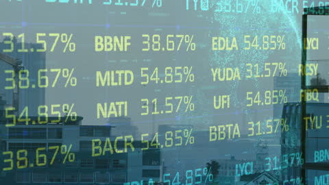 Stock Market Data Overlay with Cityscape and Digital Globe