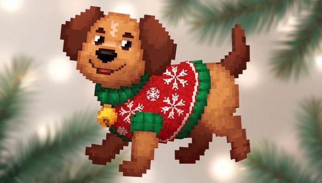 Smiling pixelated puppy wearing festive red and green snowflake sweater with gold bell