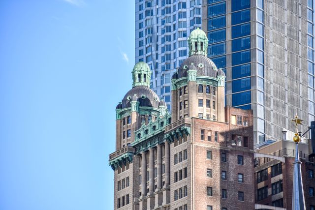 Juxtaposition of historic skyscraper with dome tops against modern high-rise buildings creates intriguing mix of old and new architecture. Useful for illustrating contrasts in city development, urban studies, travel guides, architectural designs, and tourism brochures.