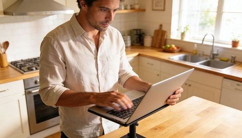 Man working at kitchen island using laptop stand for remote work and productivity