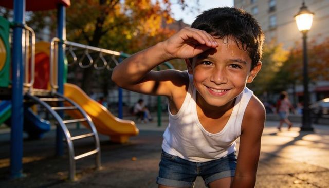 Smiling hispanic boy wiping sweat on sunlit urban playground slide during golden hour