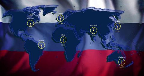 World timezone map overlaying russian flag with yellow city clocks infographic broadcast