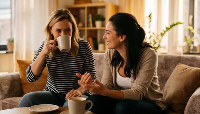 Two friends chatting and sipping coffee on cozy sofa with plants and books at home