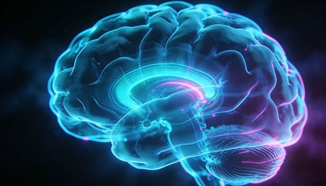 Translucent brain hologram illuminating neural pathways and cerebellum in neon cyan and magenta