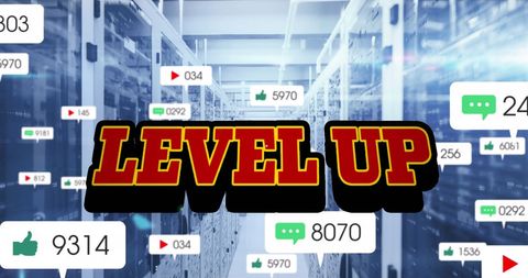 Level Up Text with Growing Social Media Stats Over Server Room