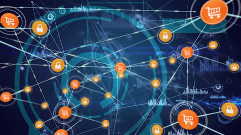 Digital Network of Shopping Carts and Locks Representing E-commerce Security