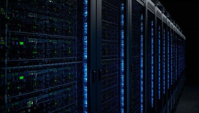 Glowing server racks creating neon corridor of blue leds in high-density data center