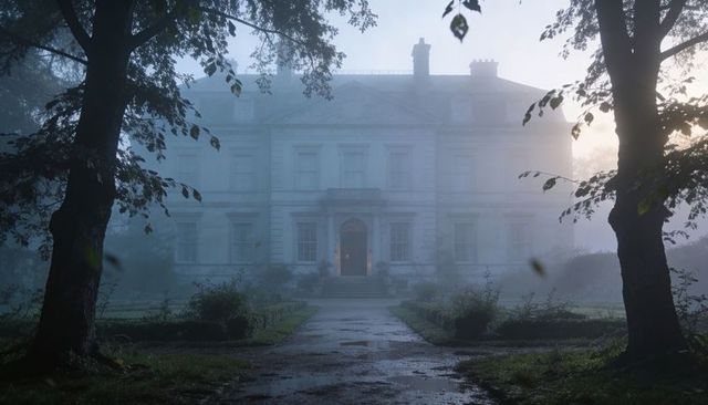Neoclassical georgian manor emerging from morning fog with lit entrance and wet approach