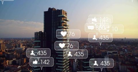 Sunset city skyline with terraced highrise and floating social media icons for marketing