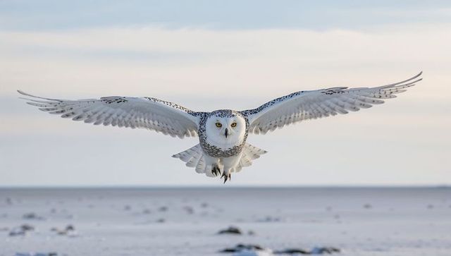 Snowy owl approaching with outstretched wings over arctic coastal tundra, talons extended