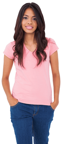 Smiling Biracial Woman in Pink T-shirt on Transparent Background