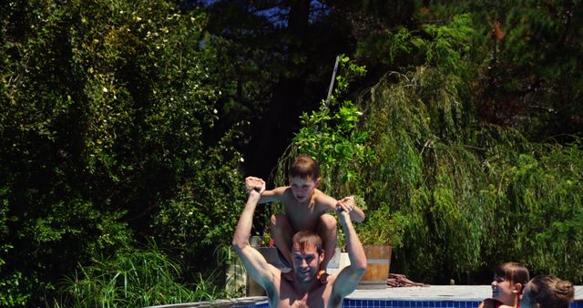 Father Playing with Children in Pool Under a Clear Sky - Download Free Stock Images Pikwizard.com