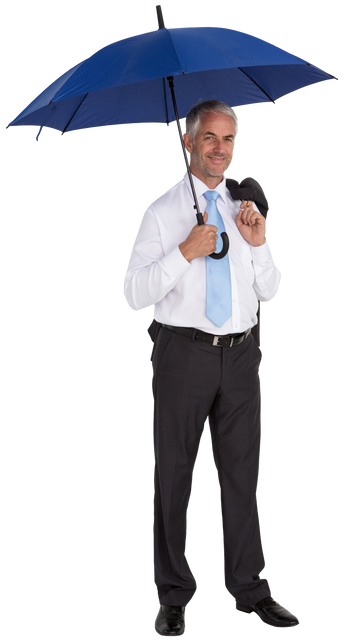 Transparent Laughing Mature Businessman Holding Blue Umbrella and Standing Confidently in Office Att - Download Free Stock Videos Pikwizard.com