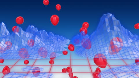 Digital Mountains and Red Balloons in Futuristic Landscape