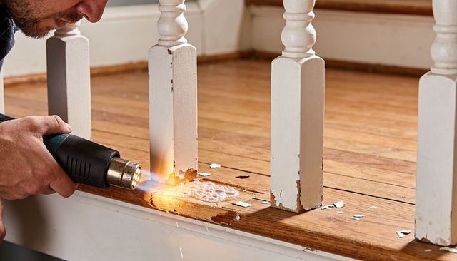 Handyman using heat gun removing old paint from wooden stair tread for refinishing