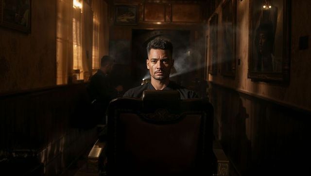 Moody cinematic barber portrait sitting in vintage chair with smoke and warm light