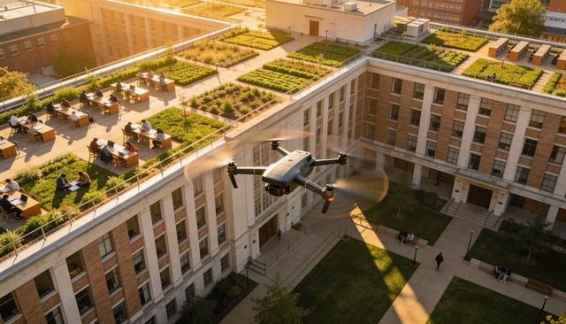 Drone hovering over university rooftop courtyard with students studying on green terrace
