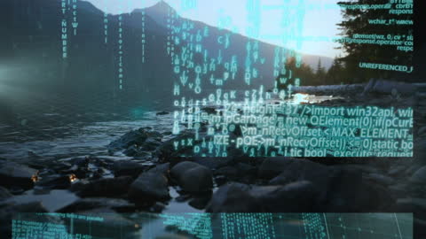 Digital Matrix Overlay on Natural Landscape with Lake Reflections