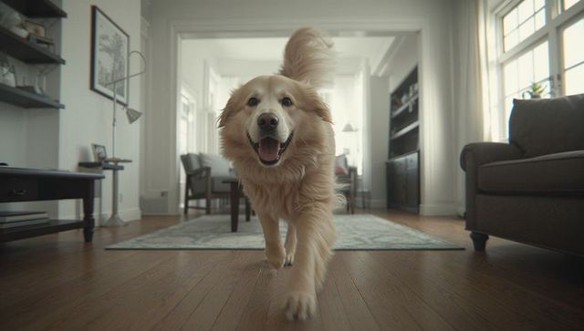 Golden Retriever Sprinting Across Modern Living Room