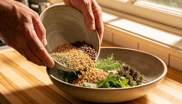 Senior hands pouring mixed whole grains into herb-filled ceramic bowl on sunlit wooden countertop