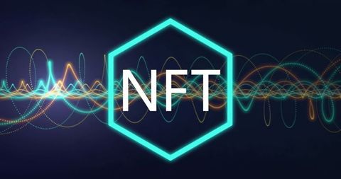 Nft technology hexagon with digital waves