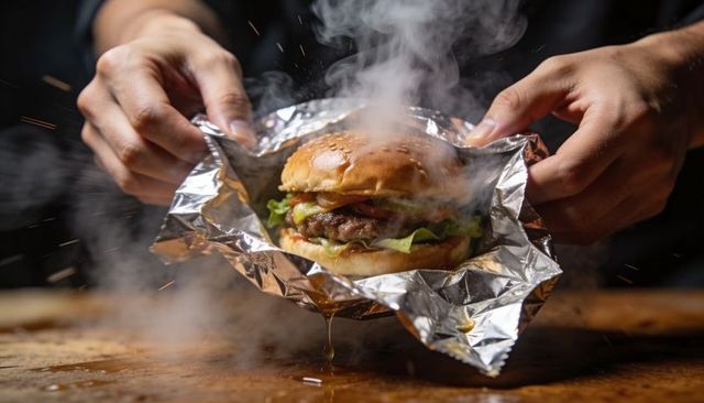 Hands unwrapping steaming sesame burger dripping sauce in foil for gourmet kitchen