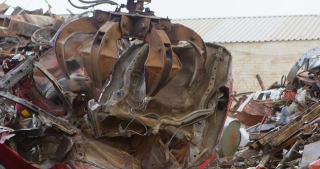 Claw crane lifting destroyed car in scrap yard showcasing recycling process. Useful for illustrating industrial machinery, metal recycling, salvage, automotive scrap, and environmental sustainability topics.