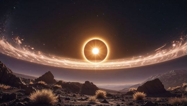 Alien desert landscape with ringed star at night