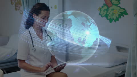 Caucasian Female Doctor with Global Digital Interface
